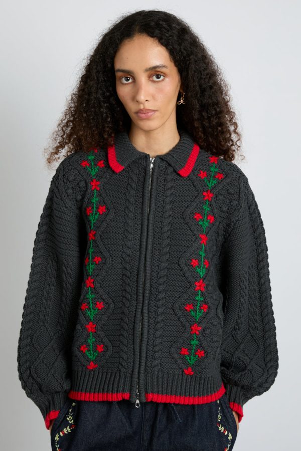 Knitwear Damson Madder Women | grandpa cardigan - charcoal cable Sale