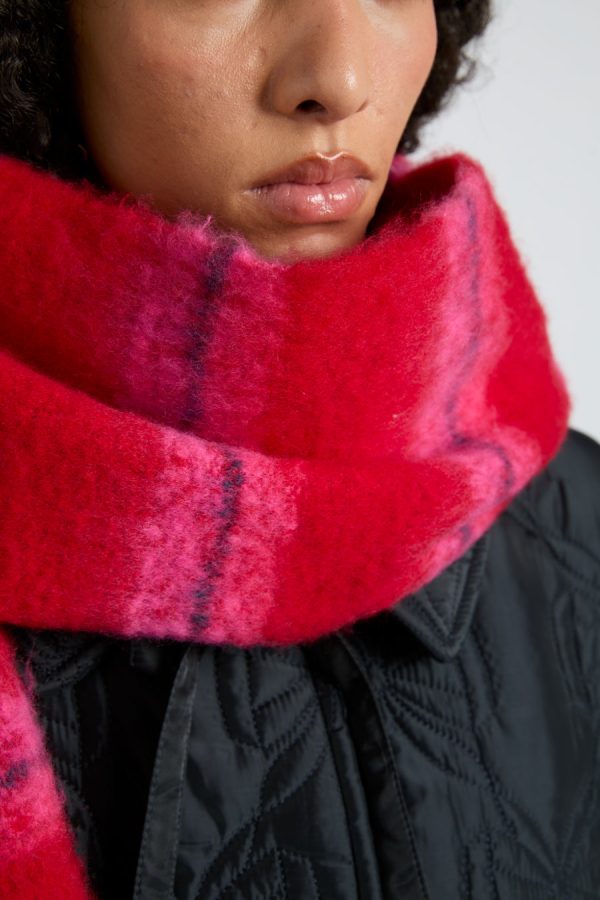 Cold Weather Accessories Damson Madder | Women pink & red fluffy stripe scarf Sale - Image 3