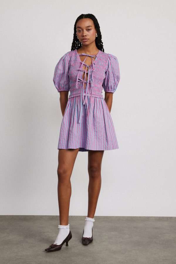 bluebelle shirred mini dress - pink & blue stripe Sale | Dresses Damson Madder Women