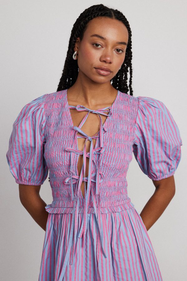 bluebelle shirred mini dress - pink & blue stripe Sale | Dresses Damson Madder Women - Image 3