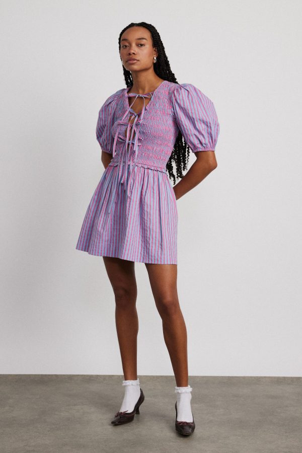 bluebelle shirred mini dress - pink & blue stripe Sale | Dresses Damson Madder Women - Image 6