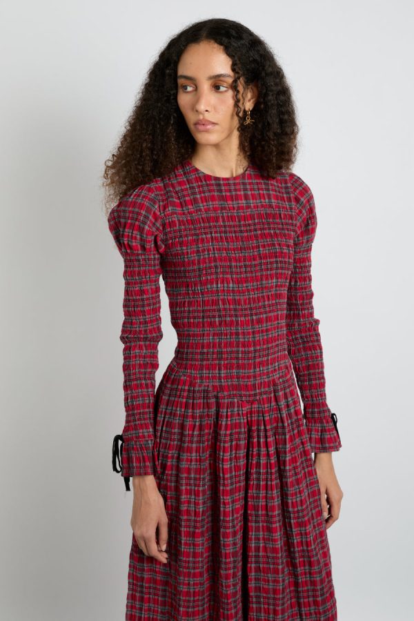 Dresses Damson Madder | Women alice shirred midi dress- red check Sale - Image 5