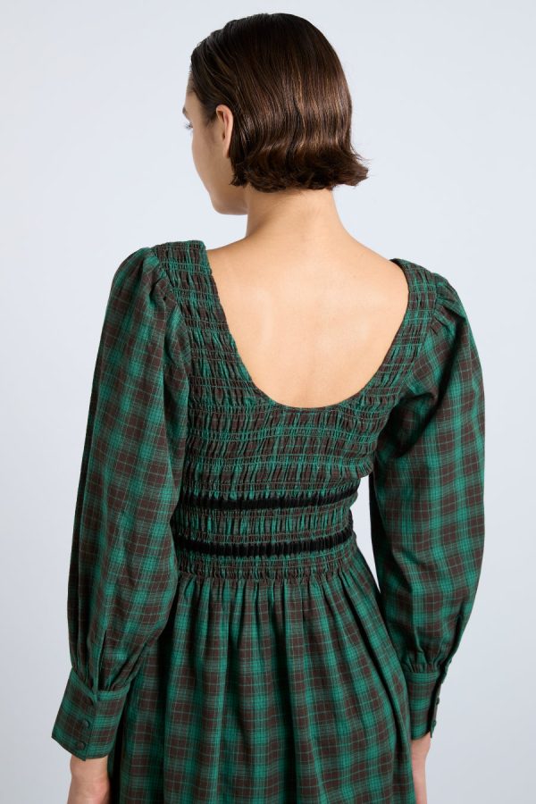Dresses | elle shirred midi dress - green check Sale | Damson Madder Women - Image 6