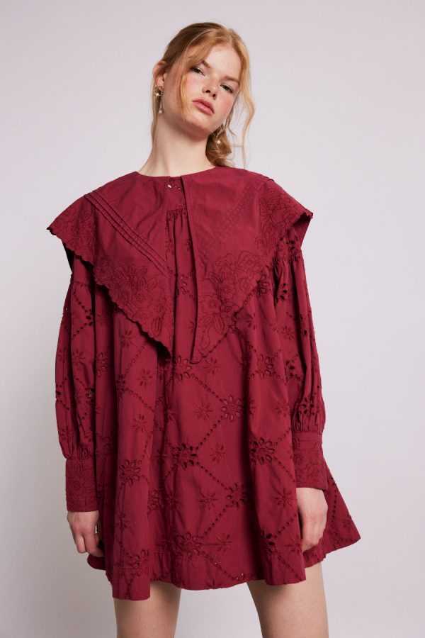 Damson Madder Dresses | Women | clementine embroidered collared mini dress - burgundy Sale - Image 10