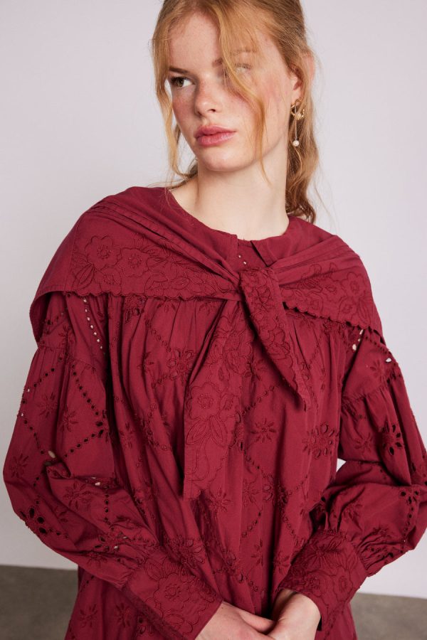 Damson Madder Dresses | Women | clementine embroidered collared mini dress - burgundy Sale - Image 3