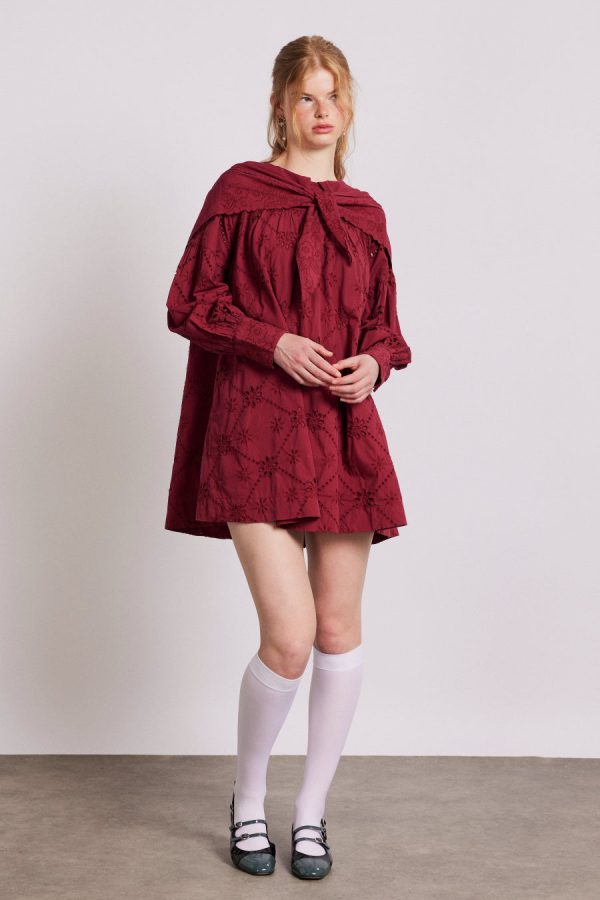 Damson Madder Dresses | Women | clementine embroidered collared mini dress - burgundy Sale - Image 5