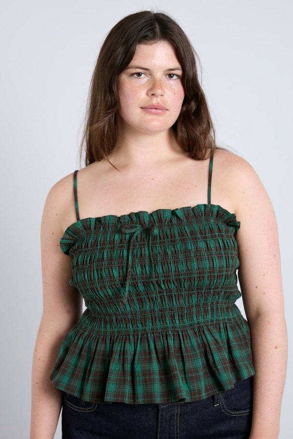 Tops | elsa shirred bardot cami - green check None | Damson Madder Women - Image 7
