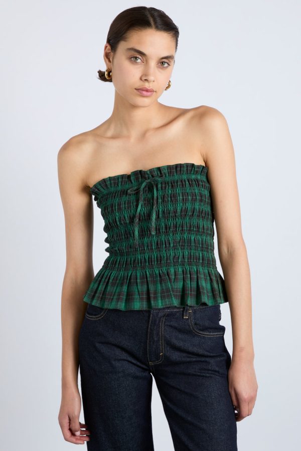 Tops | elsa shirred bardot cami - green check None | Damson Madder Women - Image 5
