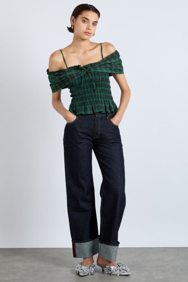 Tops | elsa shirred bardot cami - green check None | Damson Madder Women - Image 2