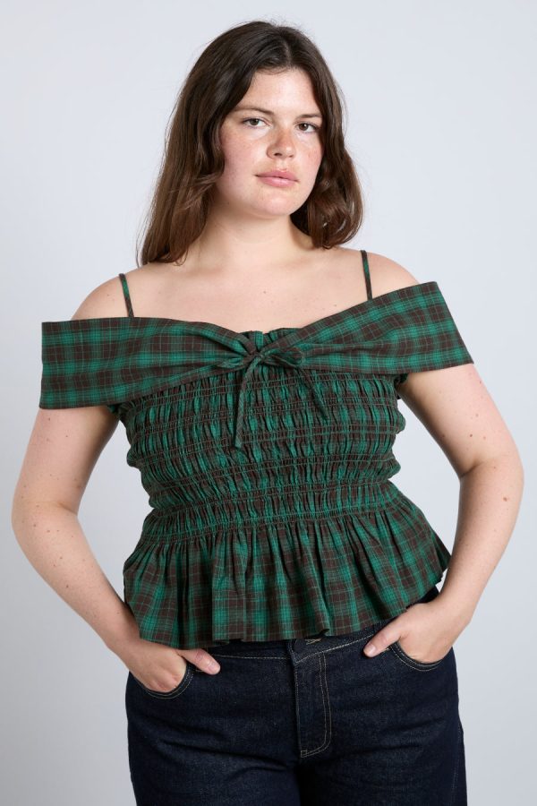 Tops | elsa shirred bardot cami - green check None | Damson Madder Women - Image 9
