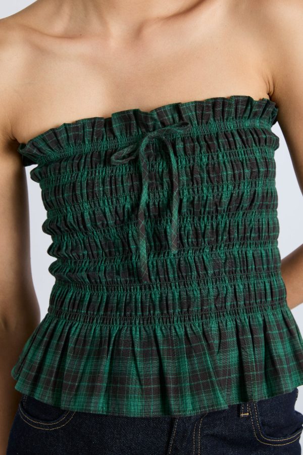 Tops | elsa shirred bardot cami - green check None | Damson Madder Women - Image 6