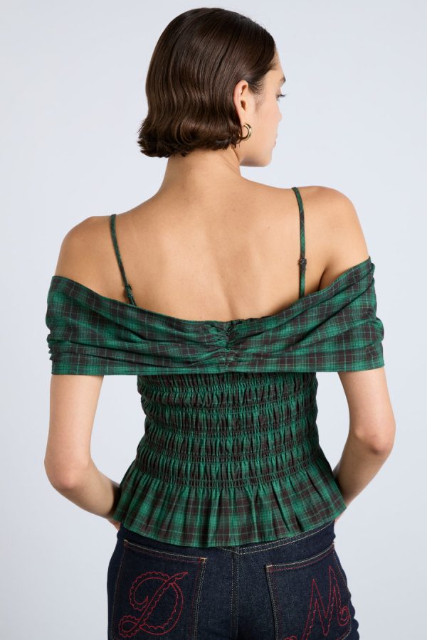 Tops | elsa shirred bardot cami - green check None | Damson Madder Women - Image 4