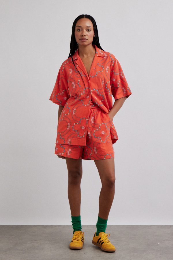 Shorts Women | table cloth shorts - red flower embroidery None Damson Madder