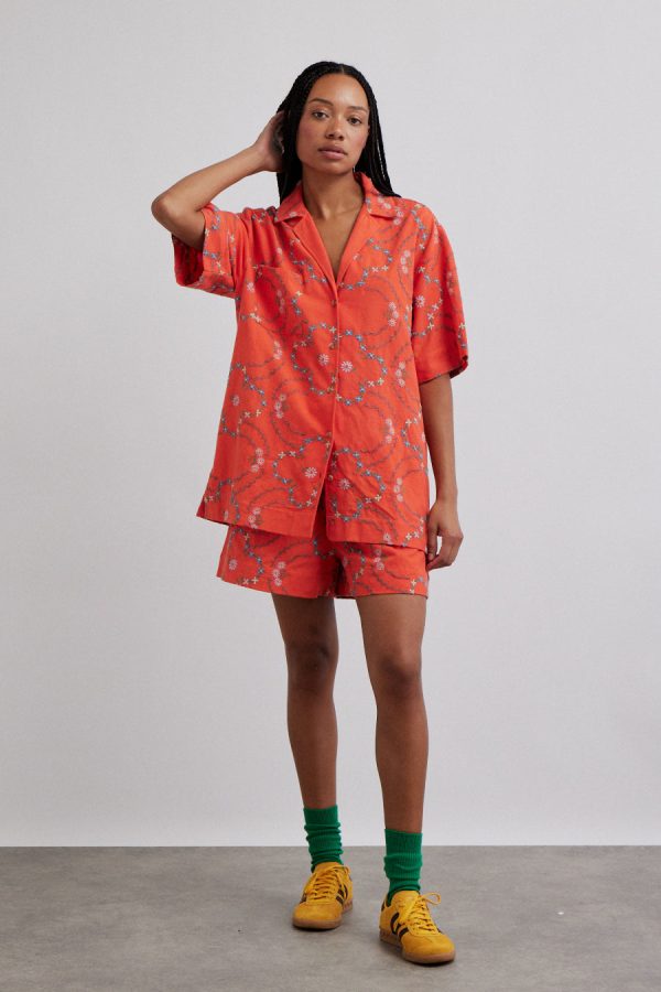 Shorts Women | table cloth shorts - red flower embroidery None Damson Madder - Image 2