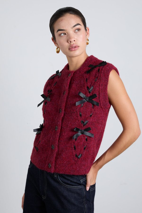 Damson Madder Knitwear | Women | aggie knit vest with bows- burgundy cable None