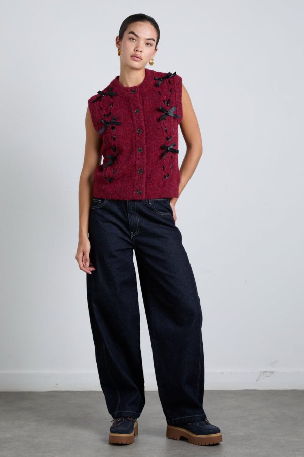 Damson Madder Knitwear | Women | aggie knit vest with bows- burgundy cable None - Image 4