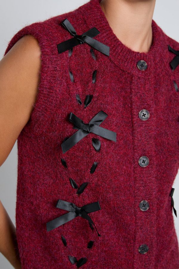 Damson Madder Knitwear | Women | aggie knit vest with bows- burgundy cable None - Image 6