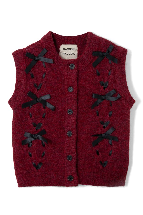 Damson Madder Knitwear | Women | aggie knit vest with bows- burgundy cable None - Image 5