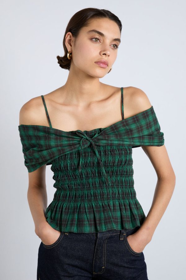 Occasion Wear | elsa shirred bardot cami - green check None - Damson Madder Women