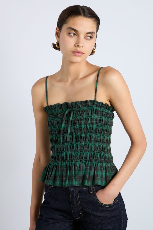 Occasion Wear | elsa shirred bardot cami - green check None - Damson Madder Women - Image 8