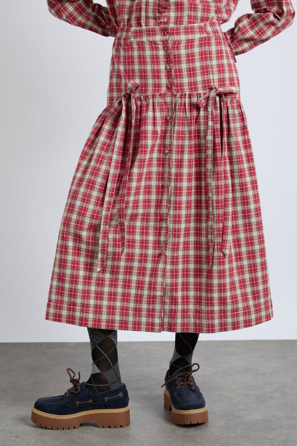 Damson Madder Co-ords | Women | bronte button through midi skirt - red check None