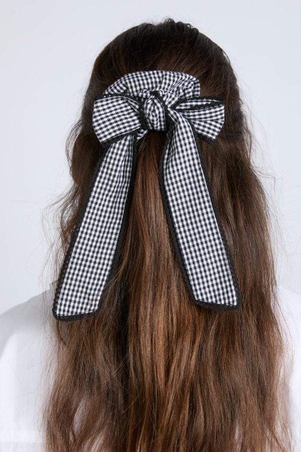 Damson Madder Hair Accessories | Women | gingham bow scrunchie in black & ecru None