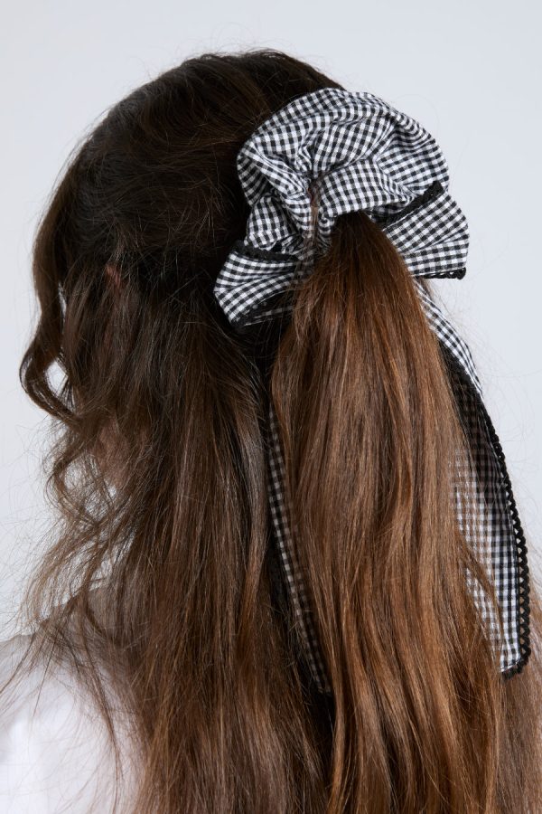 Damson Madder Hair Accessories | Women | gingham bow scrunchie in black & ecru None - Image 2