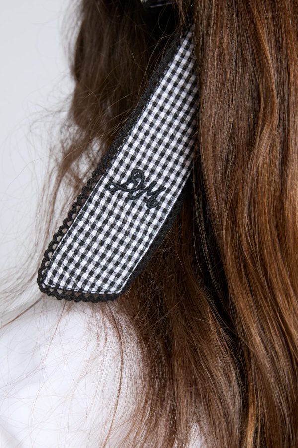Damson Madder Hair Accessories | Women | gingham bow scrunchie in black & ecru None - Image 3