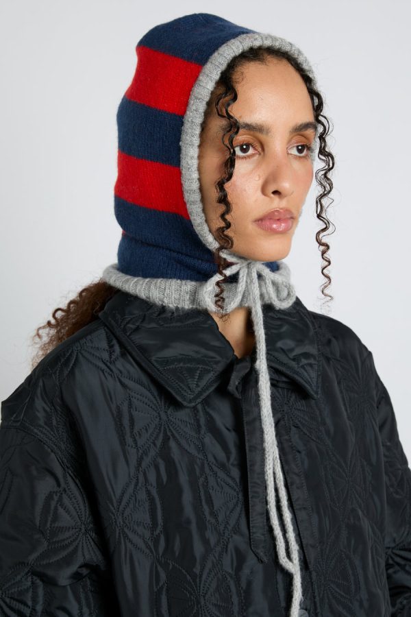 Damson Madder Hoods | Women | hood in red & navy with grey tie None