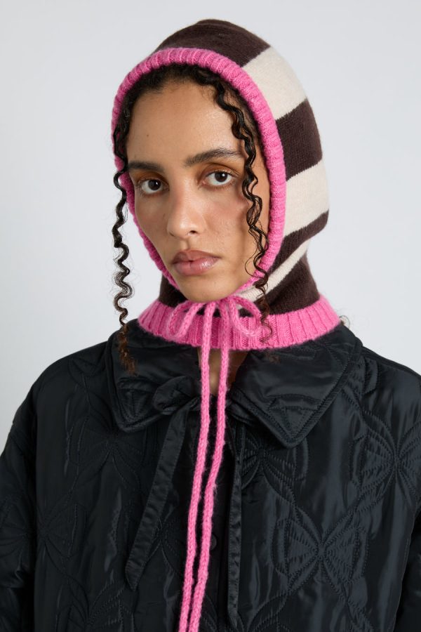 Women Hoods | Damson Madder hood in cream & choc with pink tie None - Image 3
