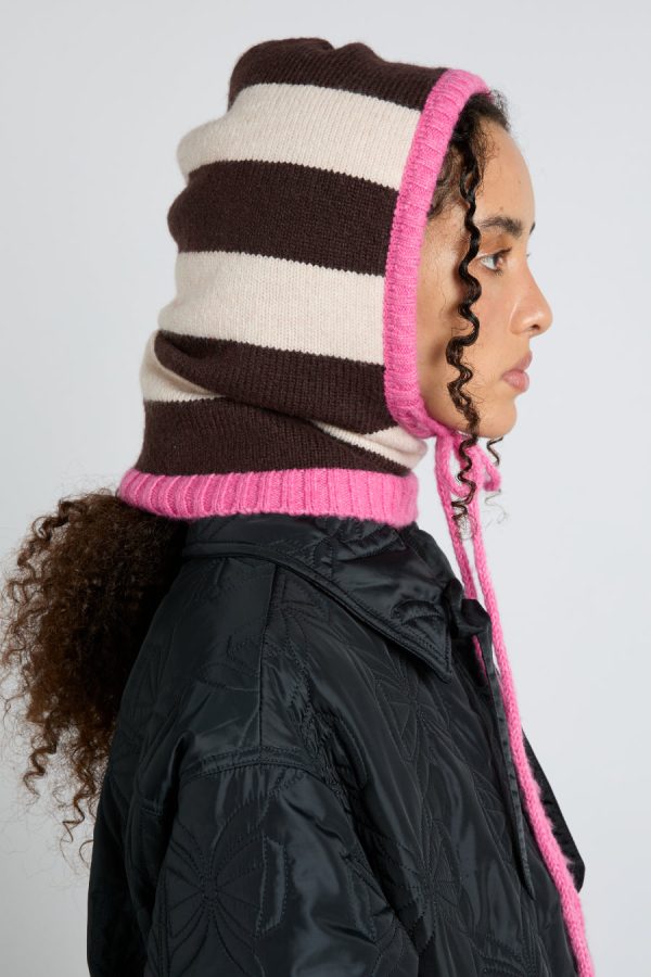 Women Hoods | Damson Madder hood in cream & choc with pink tie None - Image 2
