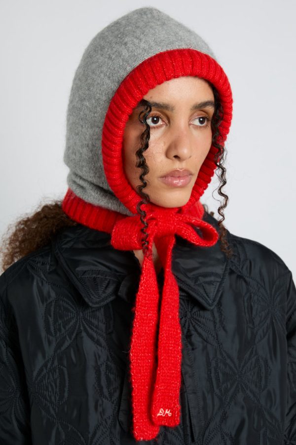 Women Hoods | Damson Madder hood in grey marl with red tie in premium yarn None
