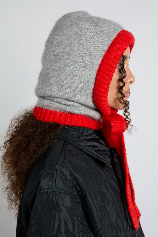 Women Hoods | Damson Madder hood in grey marl with red tie in premium yarn None - Image 2