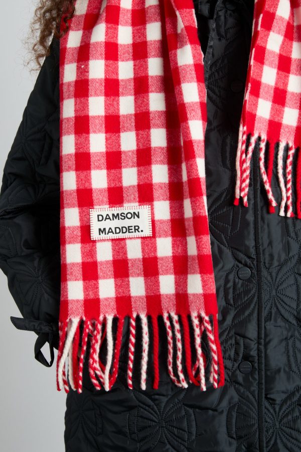 gingham scarf in responsible wool - red None Women | Scarves Damson Madder - Image 3