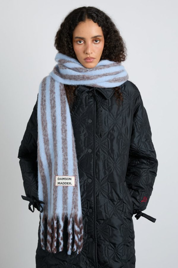 chocolate & baby blue fluffy stripe scarf None Women | Scarves Damson Madder