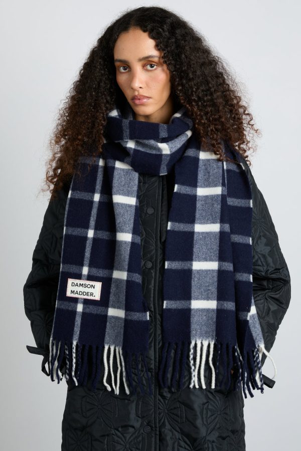 Scarves | navy & ecru check scarf in responsible wool None - Damson Madder Women