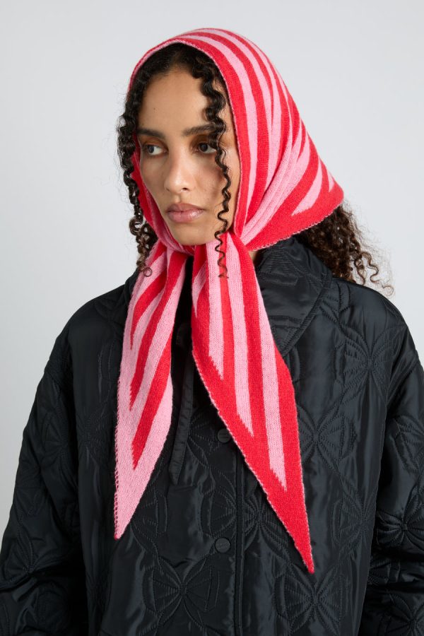 Women Damson Madder knitted triangle headscarf in pink & red stripe None | Scarves