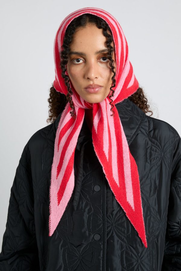 Women Damson Madder knitted triangle headscarf in pink & red stripe None | Scarves - Image 4