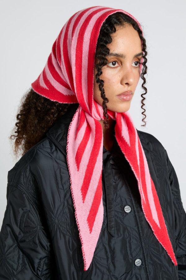 Women Damson Madder knitted triangle headscarf in pink & red stripe None | Scarves - Image 2