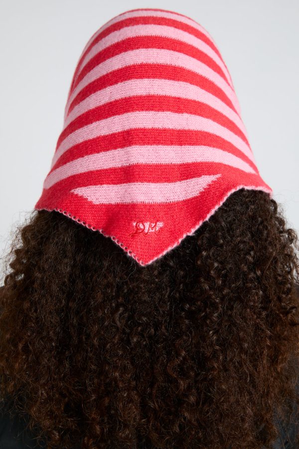 Women Damson Madder knitted triangle headscarf in pink & red stripe None | Scarves - Image 3