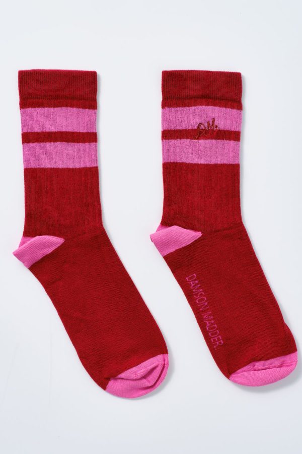 Socks Women | calf length socks - red & pink stripe None Damson Madder