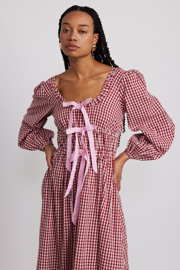 Occasion Wear Damson Madder Women | dakota bow midi dress - red gingham None - Image 4