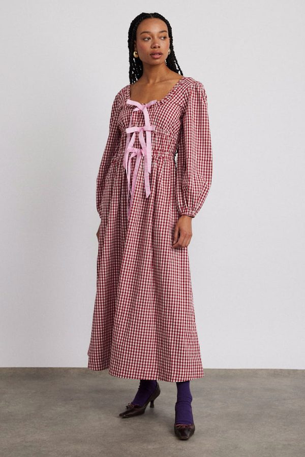 Occasion Wear Damson Madder Women | dakota bow midi dress - red gingham None - Image 8