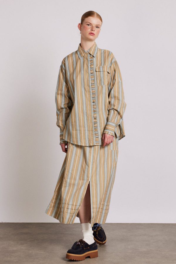 Co-ords Damson Madder Women | kylie ruffle shirt - tan stripe None - Image 3