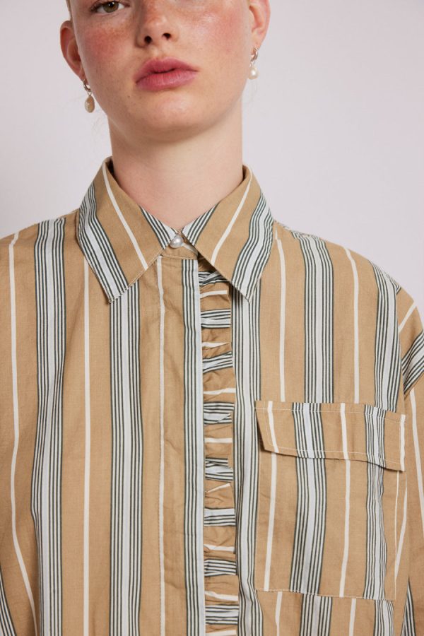Co-ords Damson Madder Women | kylie ruffle shirt - tan stripe None - Image 4