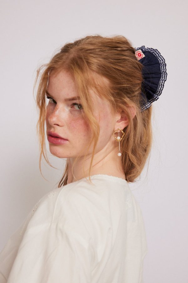frill scrunchie in navy with gingham edge None | Hair Accessories Damson Madder Women