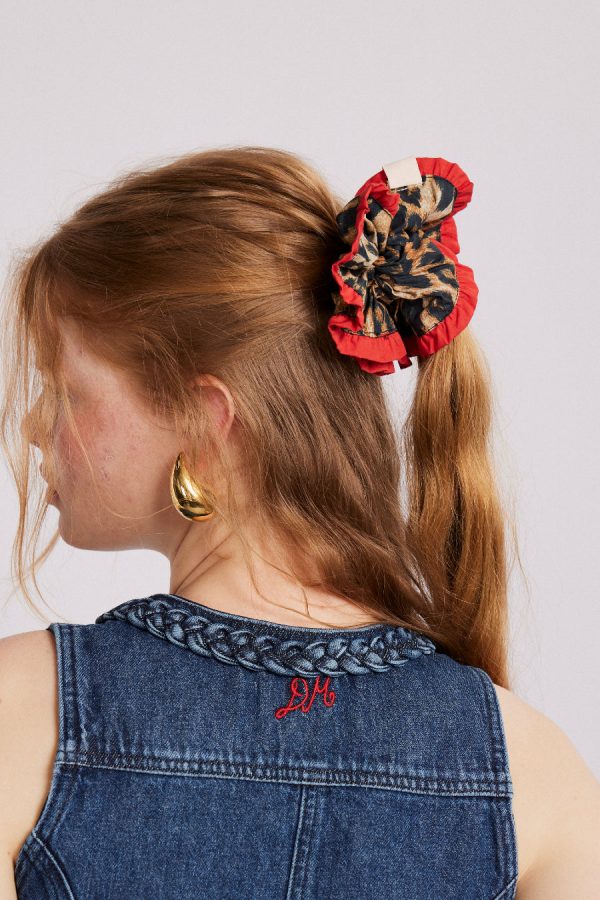frill scrunchie in leopard with red edge None Women | Hair Accessories Damson Madder
