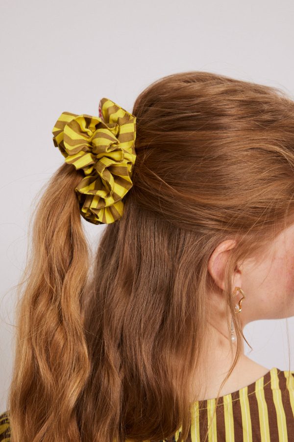 Hair Accessories Women | shirred garter scrunchie - yellow & brown stripe None Damson Madder - Image 2