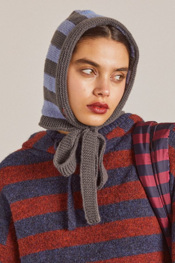 Women tie neck bonnet in grey & blue stripe None | Cold Weather Accessories Damson Madder