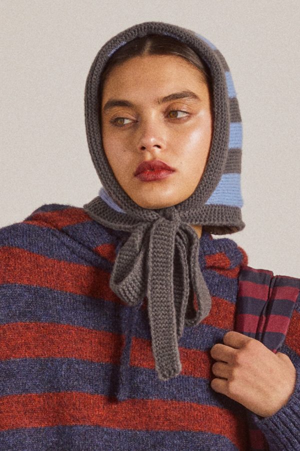 Women tie neck bonnet in grey & blue stripe None | Cold Weather Accessories Damson Madder - Image 2
